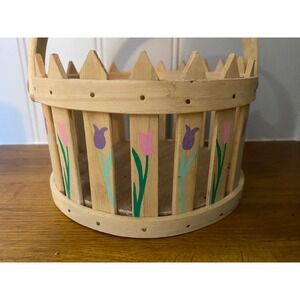 Vintage Style Wooden Picket Fence Basket Hand Painted Tulips Spring Easter Decor